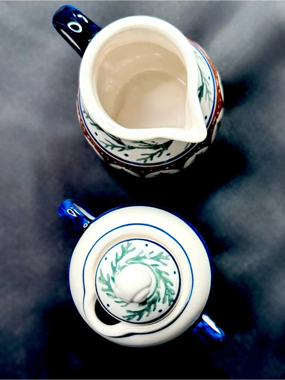 Polish Pottery Hand Crafted Vintage Serve-ware Salt/Pepper & Creamer/Sugar Set